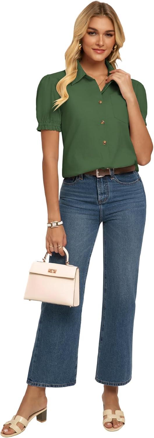 imageGRACE KARIN Womens Cotton Linen Blouse V Neck Puff Short Sleeve Button Down Work Summer TopsOlive Drab
