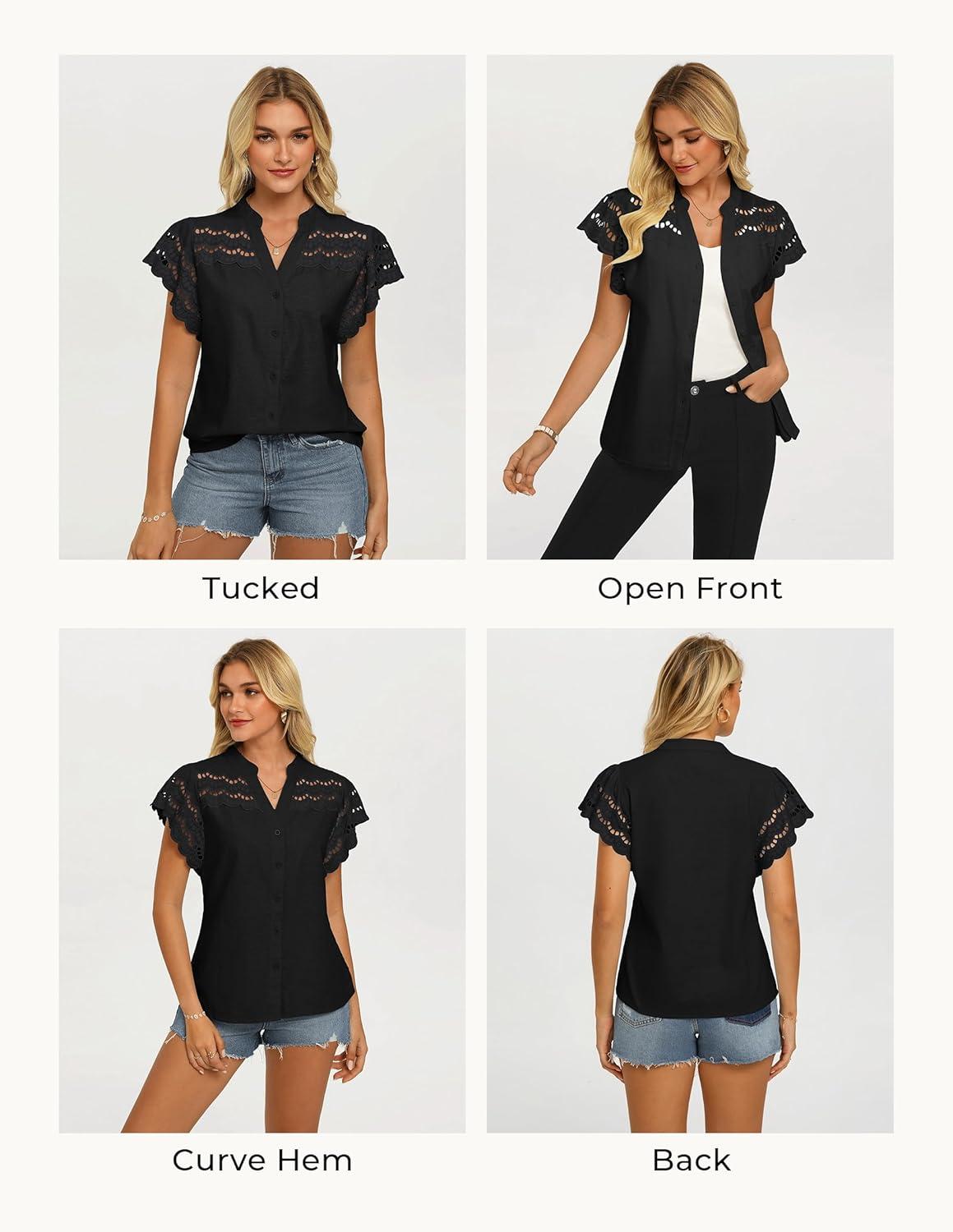 imageGRACE KARIN Womens Summer Eyelet Tops Dressy CasualRuffle Short Sleeve Button Down ShirtsV Neck Embroidered Cotton BlousesBlack