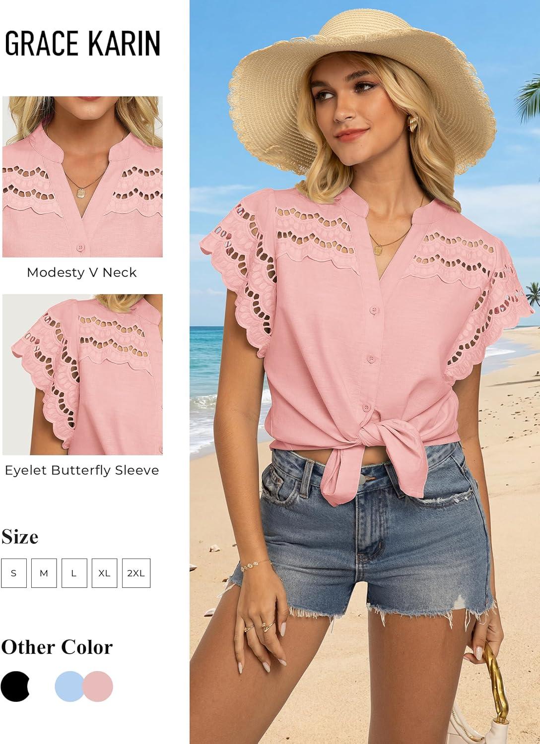 imageGRACE KARIN Womens Summer Eyelet Tops Dressy CasualRuffle Short Sleeve Button Down ShirtsV Neck Embroidered Cotton BlousesLight Pink