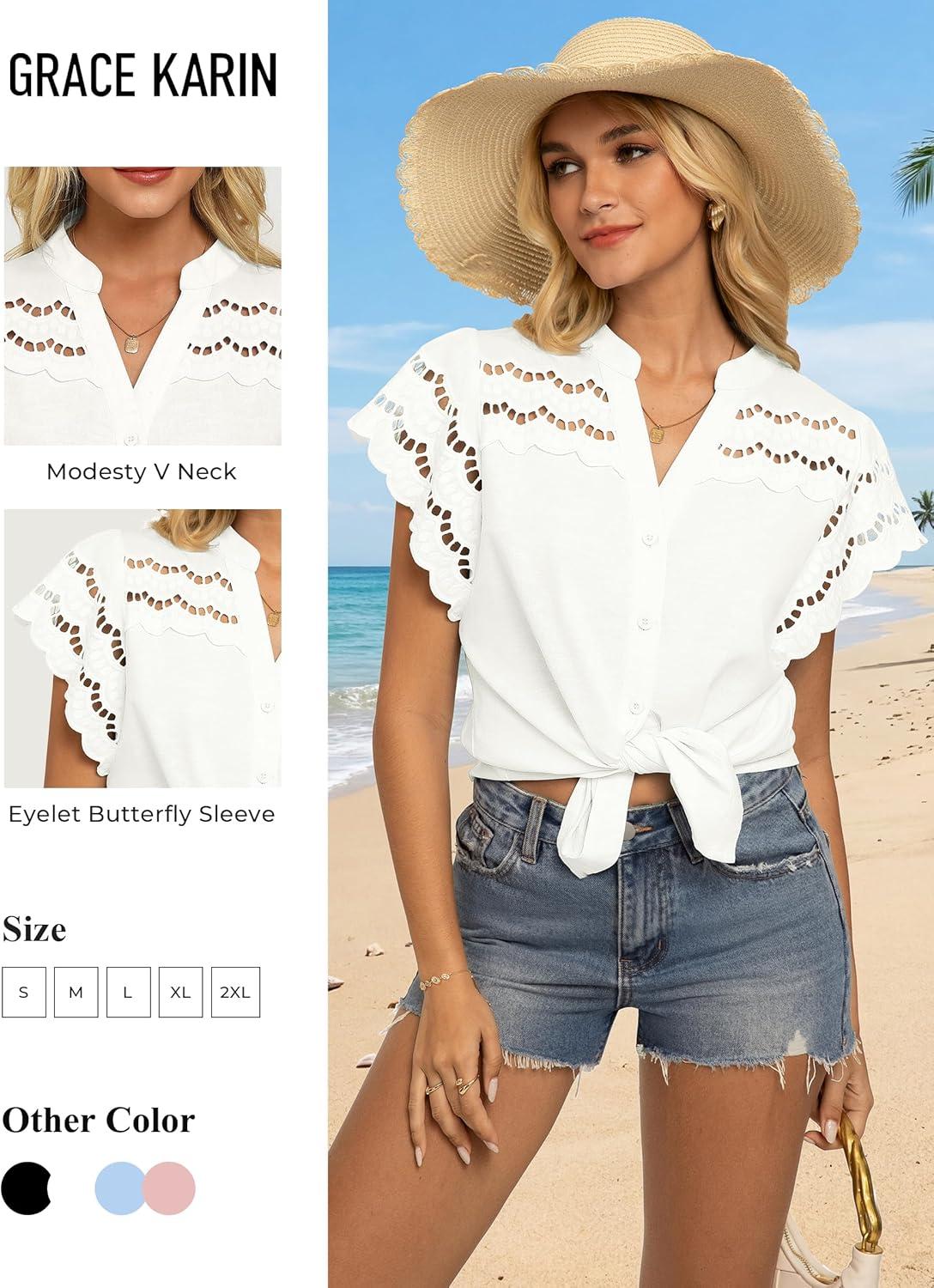 imageGRACE KARIN Womens Summer Eyelet Tops Dressy CasualRuffle Short Sleeve Button Down ShirtsV Neck Embroidered Cotton BlousesWhite