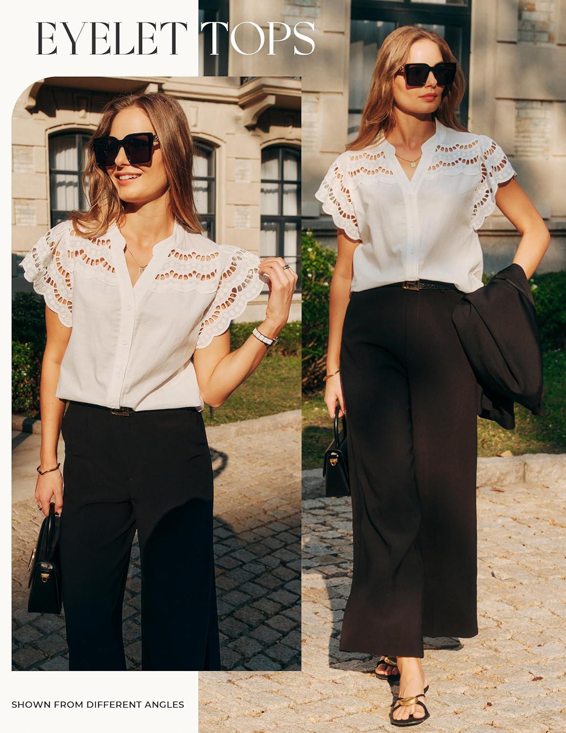 imageGRACE KARIN Womens Summer Eyelet Tops Dressy CasualRuffle Short Sleeve Button Down ShirtsV Neck Embroidered Cotton BlousesWhite