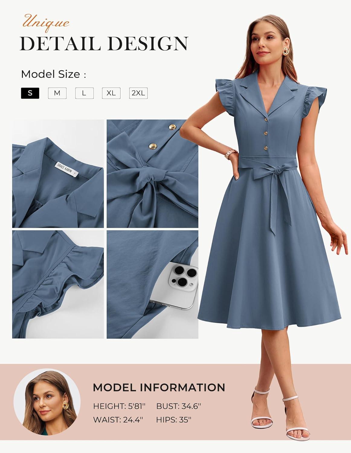 imageGRACE KARIN Womens Summer Midi Dress 2026 Flutter Short Sleeve Business Casual Dress Button Down Work Dresses with PocketsDusty Blue