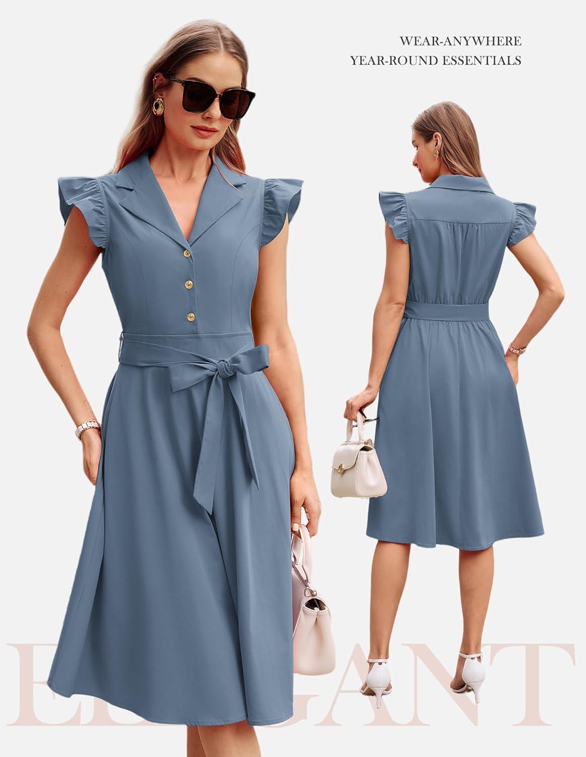 imageGRACE KARIN Womens Summer Midi Dress 2026 Flutter Short Sleeve Business Casual Dress Button Down Work Dresses with PocketsDusty Blue