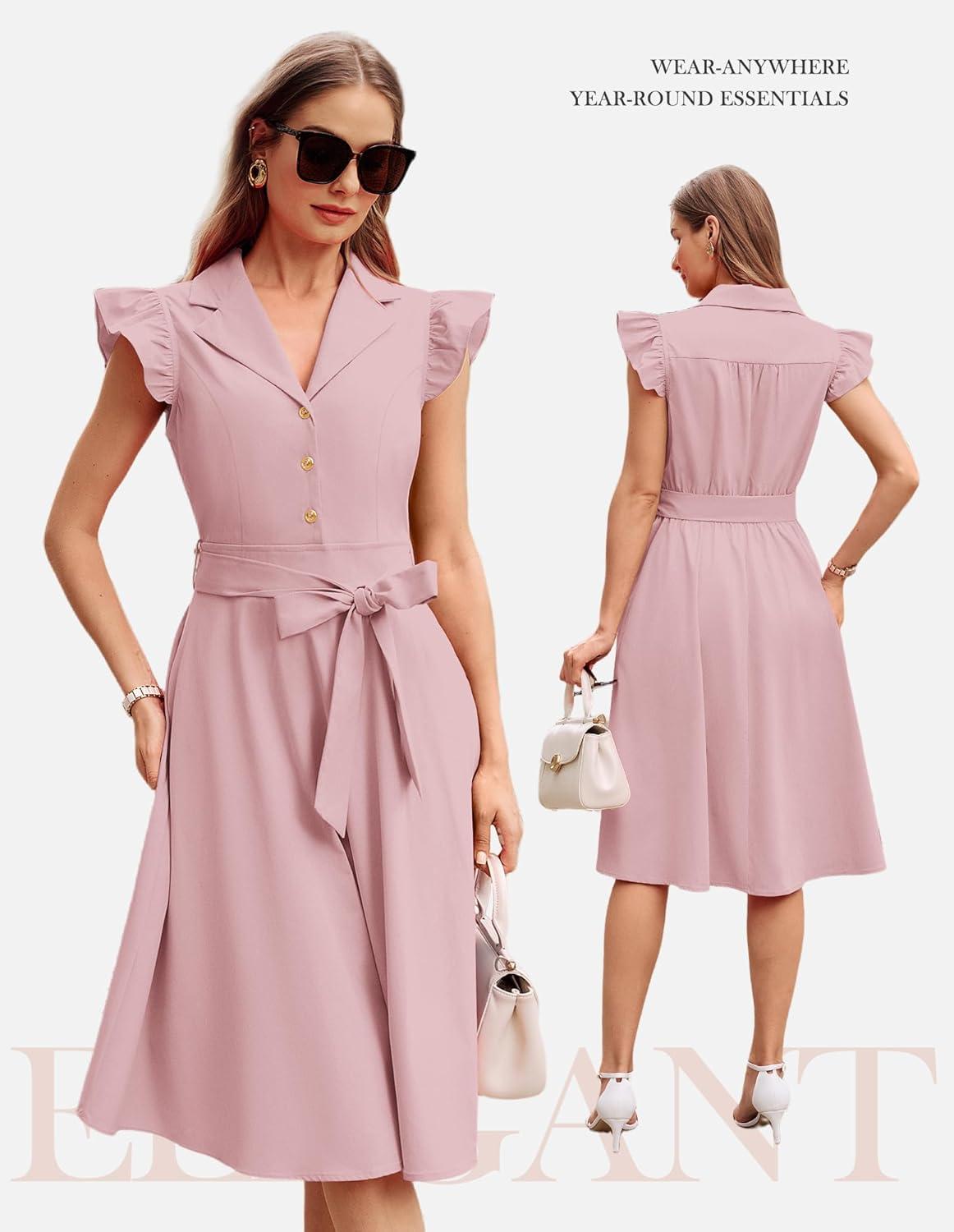 imageGRACE KARIN Womens Summer Midi Dress 2026 Flutter Short Sleeve Business Casual Dress Button Down Work Dresses with PocketsDusty Pink