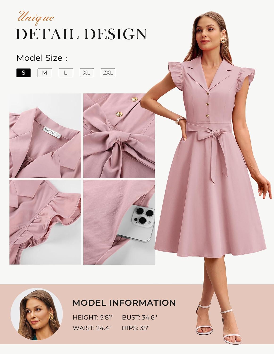 imageGRACE KARIN Womens Summer Midi Dress 2026 Flutter Short Sleeve Business Casual Dress Button Down Work Dresses with PocketsDusty Pink