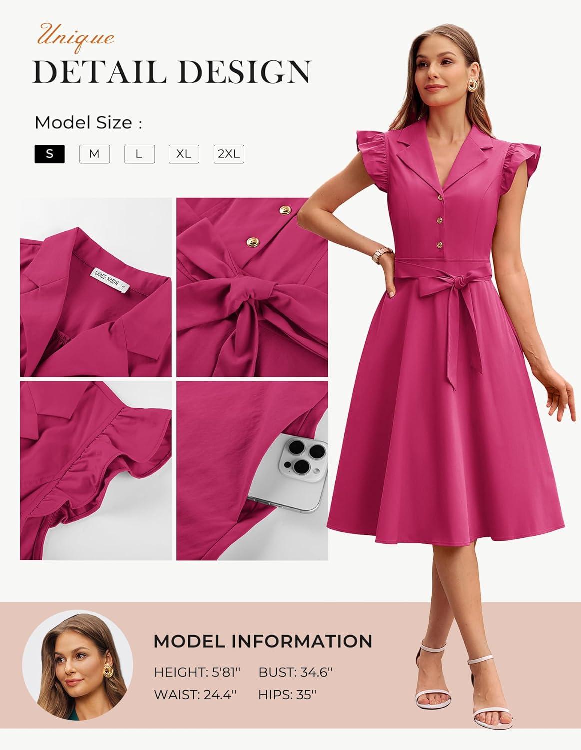 imageGRACE KARIN Womens Summer Midi Dress 2026 Flutter Short Sleeve Business Casual Dress Button Down Work Dresses with PocketsRose Red