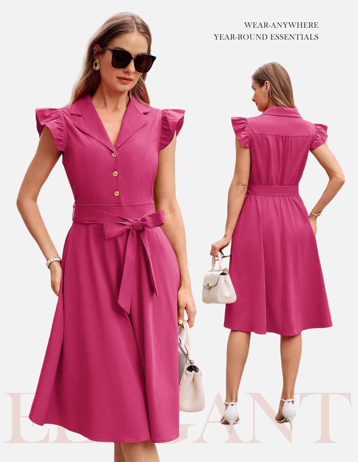 imageGRACE KARIN Womens Summer Midi Dress 2026 Flutter Short Sleeve Business Casual Dress Button Down Work Dresses with PocketsRose Red
