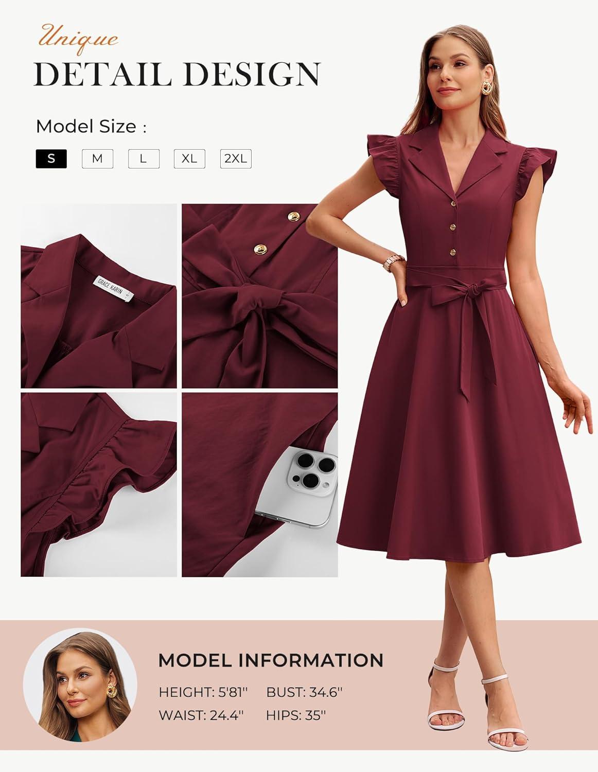 imageGRACE KARIN Womens Summer Midi Dress 2026 Flutter Short Sleeve Business Casual Dress Button Down Work Dresses with PocketsWine Red