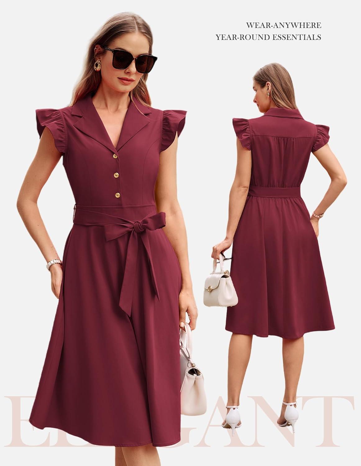 imageGRACE KARIN Womens Summer Midi Dress 2026 Flutter Short Sleeve Business Casual Dress Button Down Work Dresses with PocketsWine Red