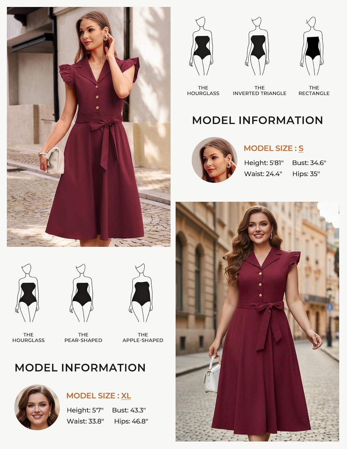 imageGRACE KARIN Womens Summer Midi Dress 2026 Flutter Short Sleeve Business Casual Dress Button Down Work Dresses with PocketsWine Red