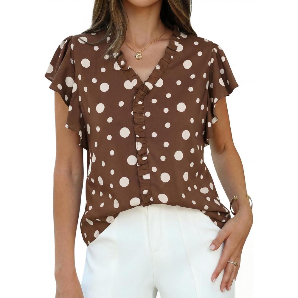 imageGRACE KARIN 2026 Boho Tops for Women Dressy CasualRuffle Sleeve Chiffon Blouses Work ShirtsV Neck Summer Fashion ClothesChestnut