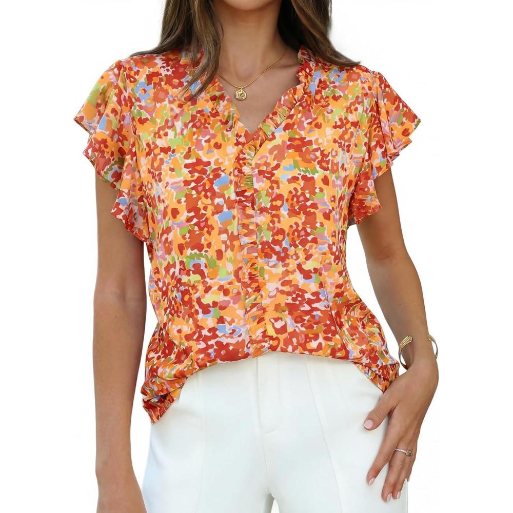 imageGRACE KARIN 2026 Boho Tops for Women Dressy CasualRuffle Sleeve Chiffon Blouses Work ShirtsV Neck Summer Fashion ClothesOrange