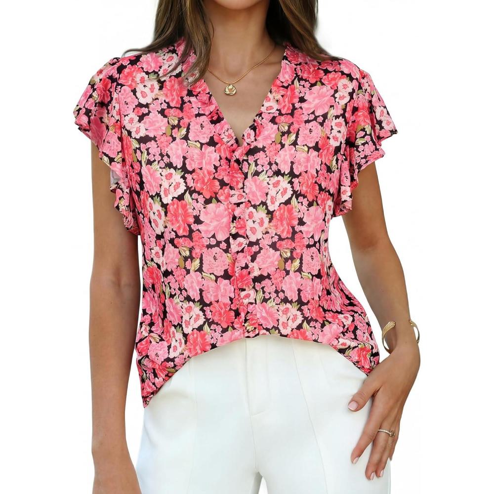 imageGRACE KARIN 2026 Boho Tops for Women Dressy CasualRuffle Sleeve Chiffon Blouses Work ShirtsV Neck Summer Fashion ClothesPink Rose