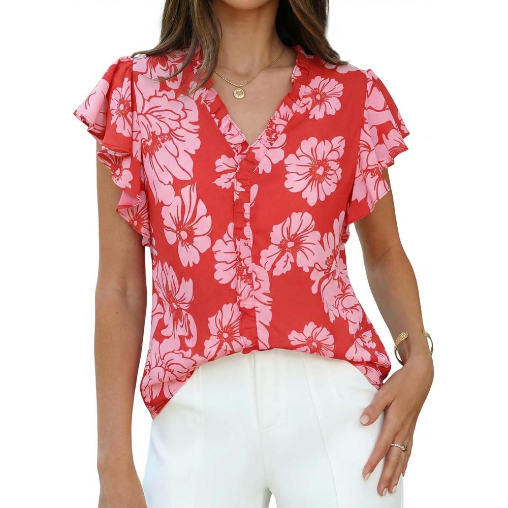 imageGRACE KARIN 2026 Boho Tops for Women Dressy CasualRuffle Sleeve Chiffon Blouses Work ShirtsV Neck Summer Fashion ClothesRed Pink