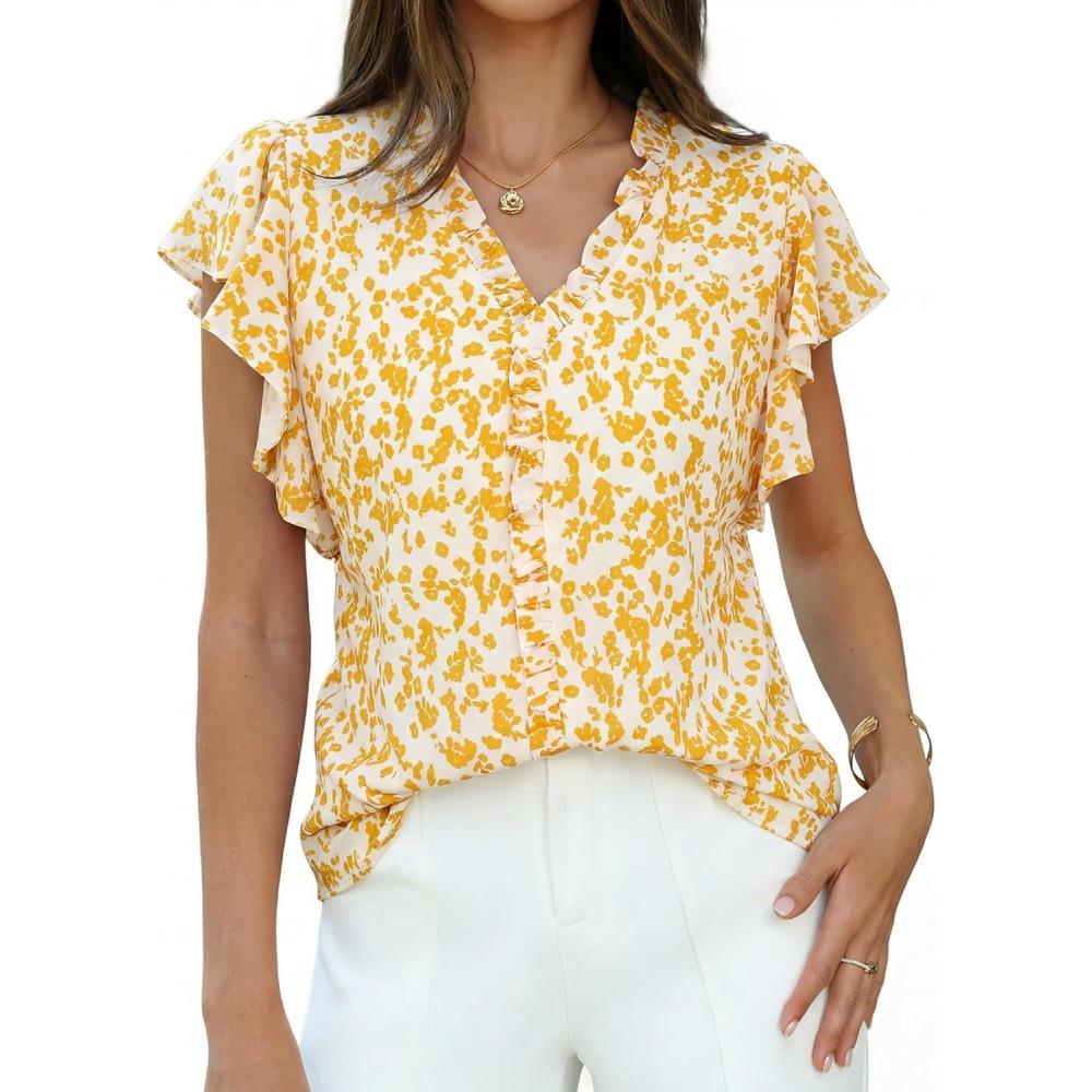 imageGRACE KARIN 2026 Boho Tops for Women Dressy CasualRuffle Sleeve Chiffon Blouses Work ShirtsV Neck Summer Fashion ClothesYellow