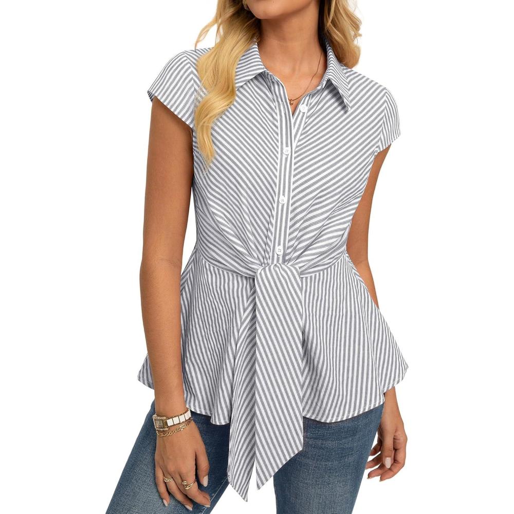 imageGRACE KARIN Striped Button Down Shirts WomenShort Sleeve Peplum Tops Business CasualTie Front Work Cotton Blouses SummerGrey
