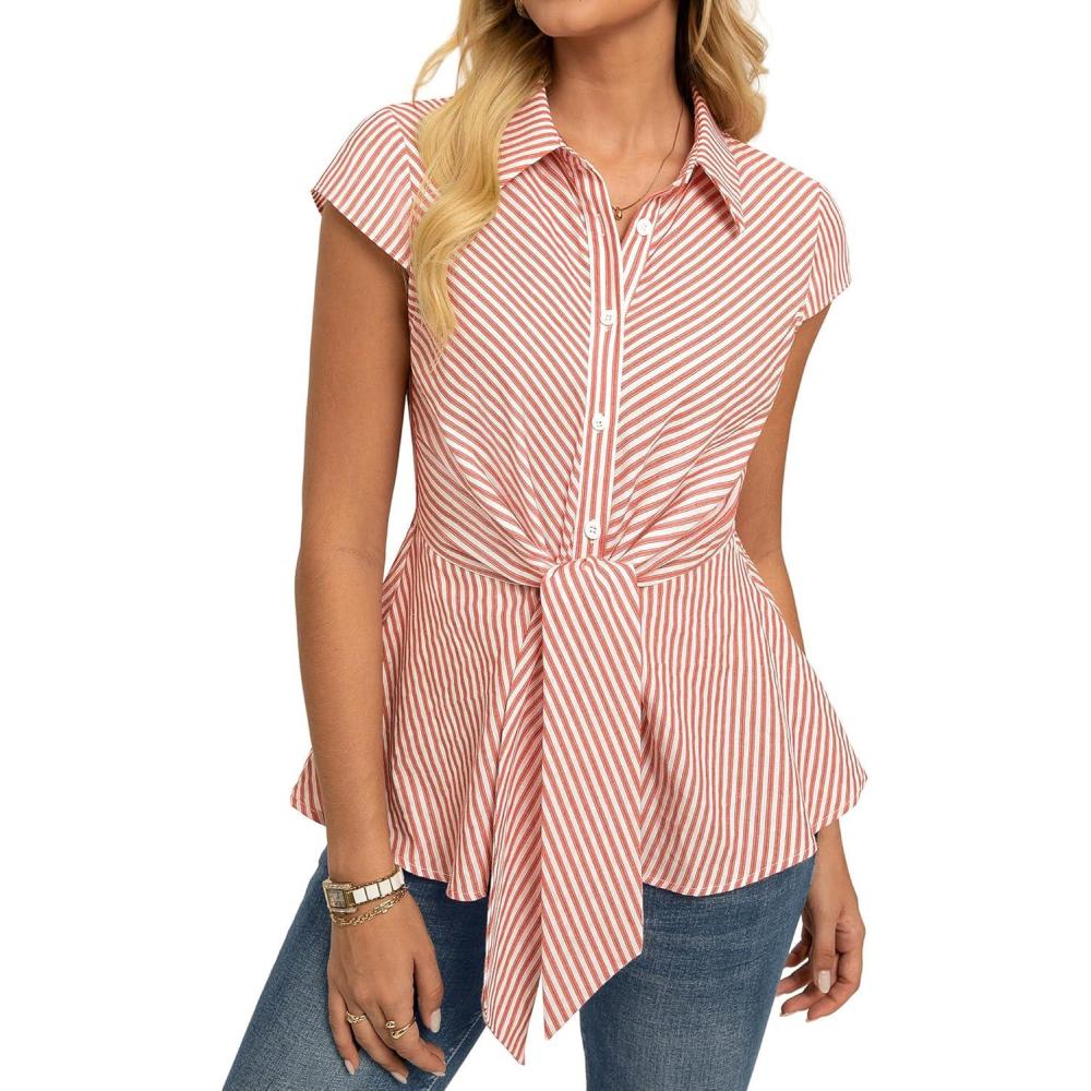 imageGRACE KARIN Striped Button Down Shirts WomenShort Sleeve Peplum Tops Business CasualTie Front Work Cotton Blouses SummerOrange