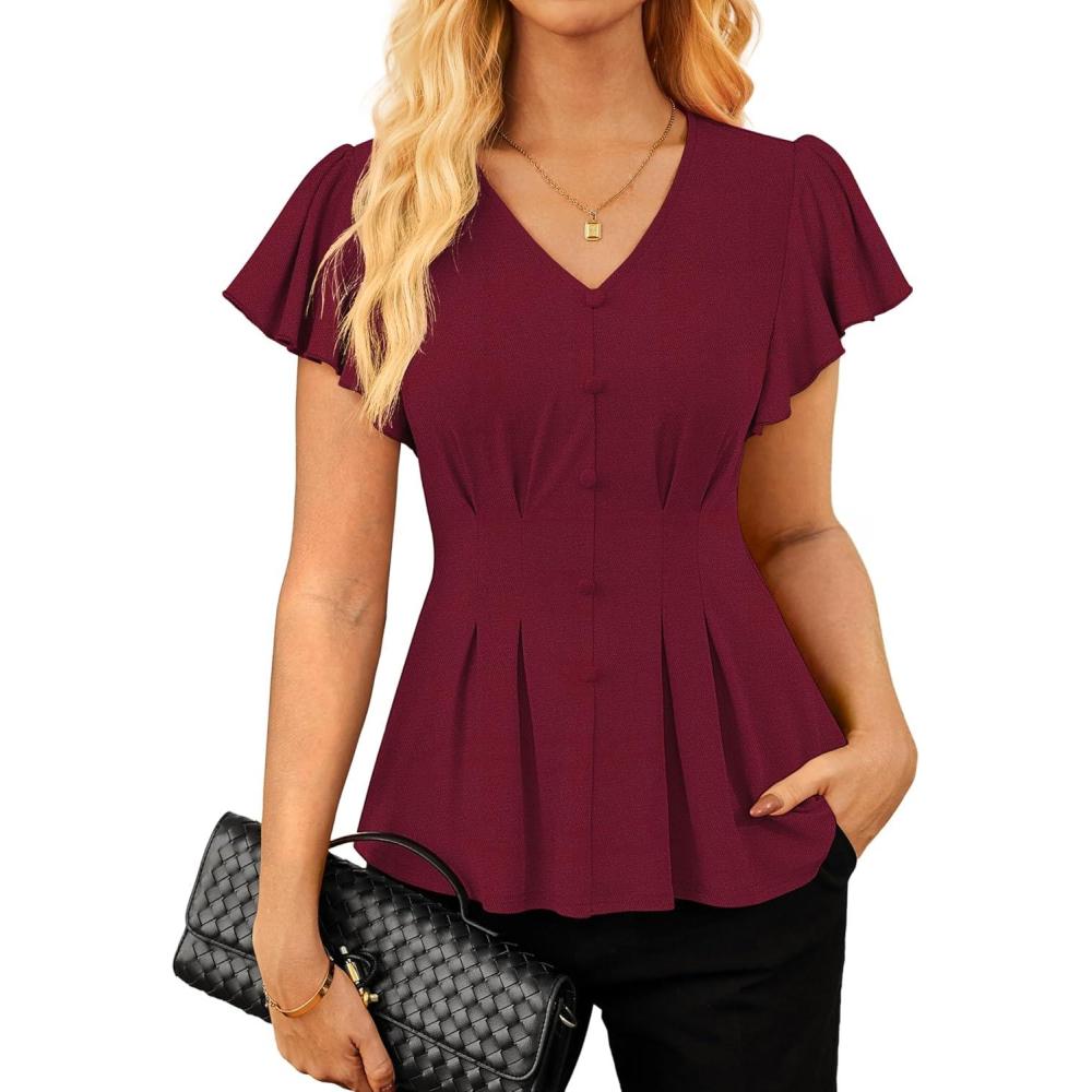 imageGRACE KARIN Summer Blouses for Women Dressy Casual 2026 Ruffle Sleeve Peplum Tops Business Work Shirt Fashioin ClothingBurgundy