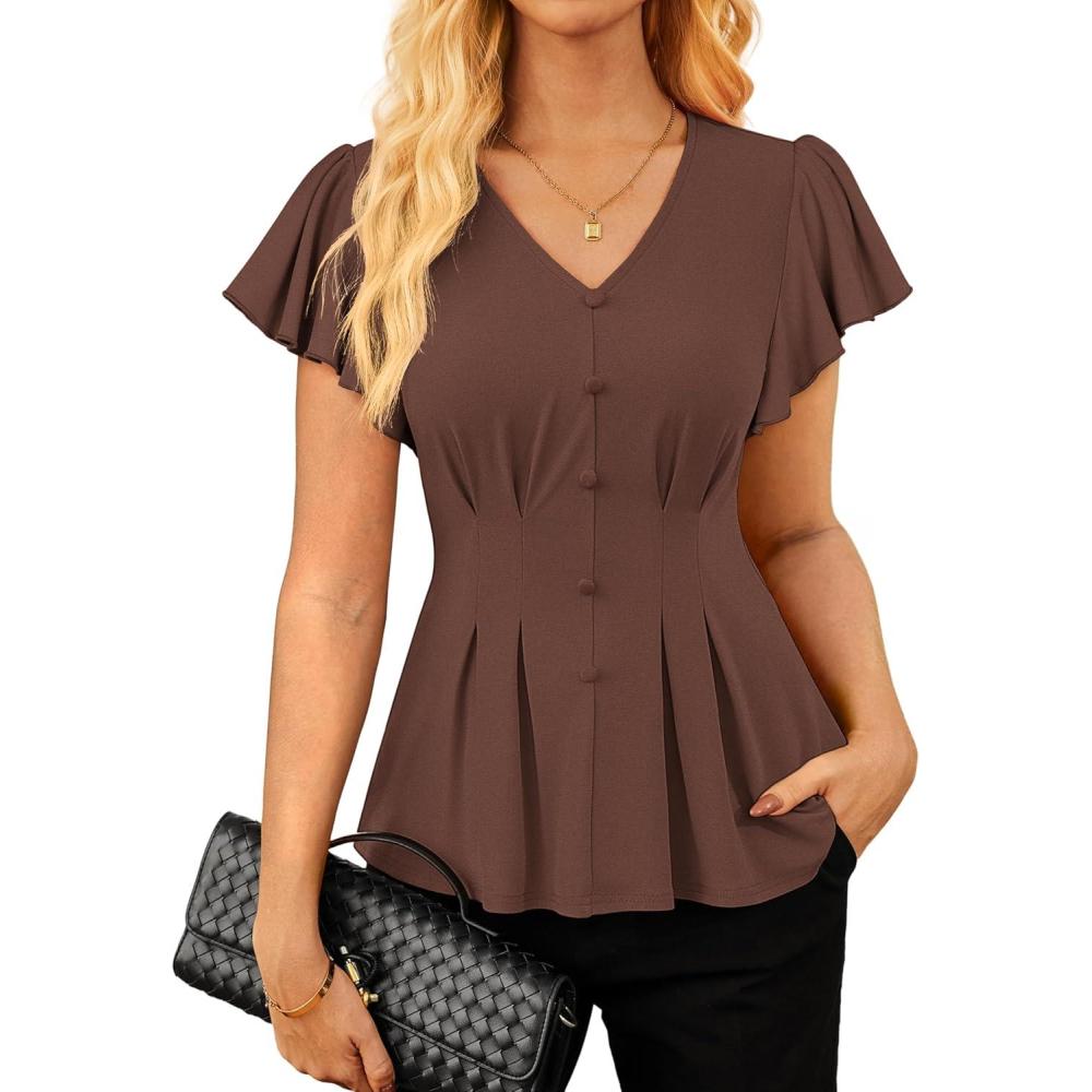 imageGRACE KARIN Summer Blouses for Women Dressy Casual 2026 Ruffle Sleeve Peplum Tops Business Work Shirt Fashioin ClothingCoffee