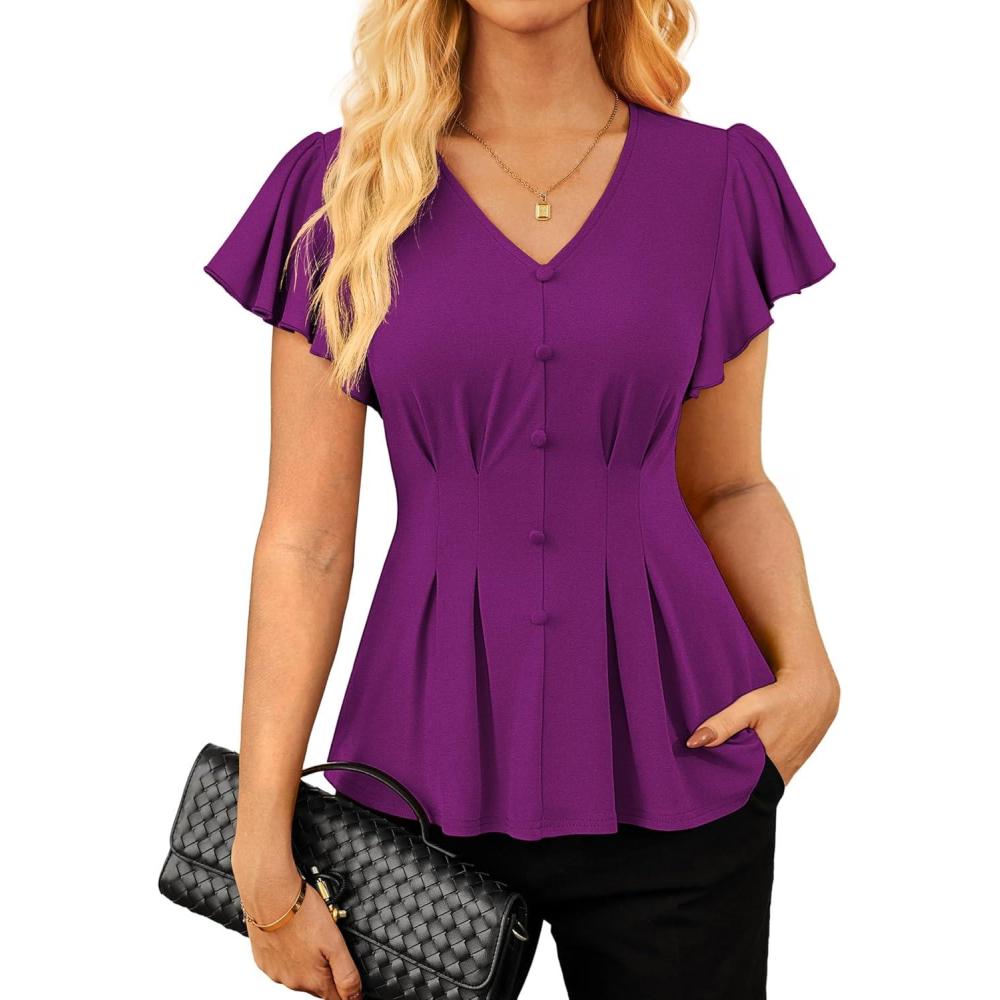 imageGRACE KARIN Summer Blouses for Women Dressy Casual 2026 Ruffle Sleeve Peplum Tops Business Work Shirt Fashioin ClothingPurple