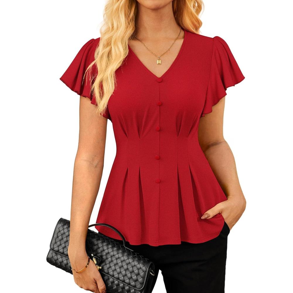 imageGRACE KARIN Summer Blouses for Women Dressy Casual 2026 Ruffle Sleeve Peplum Tops Business Work Shirt Fashioin ClothingRed