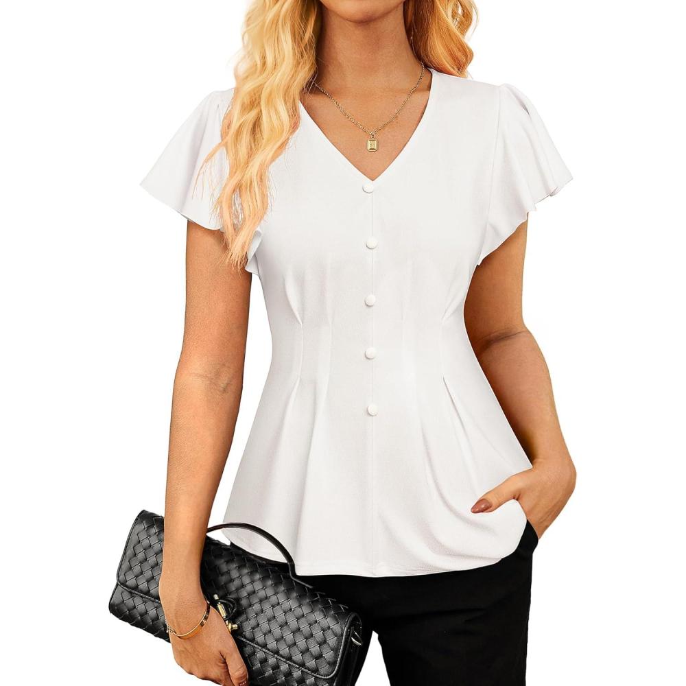 imageGRACE KARIN Summer Blouses for Women Dressy Casual 2026 Ruffle Sleeve Peplum Tops Business Work Shirt Fashioin ClothingWhite
