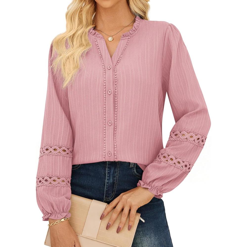 imageGRACE KARIN Women Dressy Casual TopsLong Sleeve Button Down Ruffle BlouseWork V Neck Shirt Summer Spring Business OutfitGrey Pink