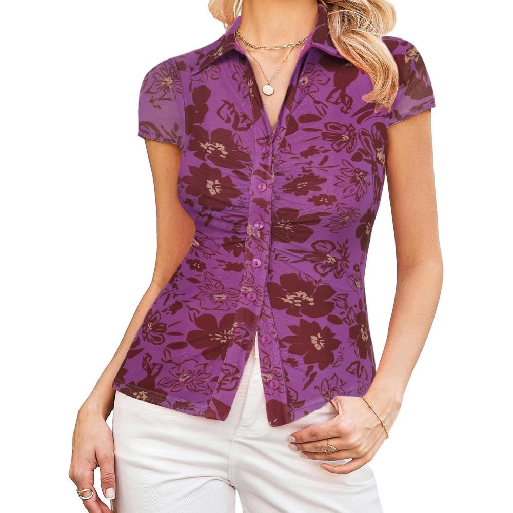 imageGRACE KARIN Women Mesh Boho Tops Dressy Casual Short Sleeve Button Down Collared Shirts 2026 Summer Fashion Floral BlousesPurple Floral