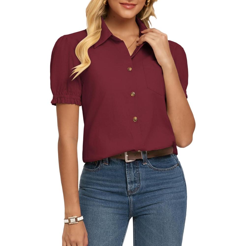 imageGRACE KARIN Womens Cotton Linen Blouse V Neck Puff Short Sleeve Button Down Work Summer TopsBurgundy