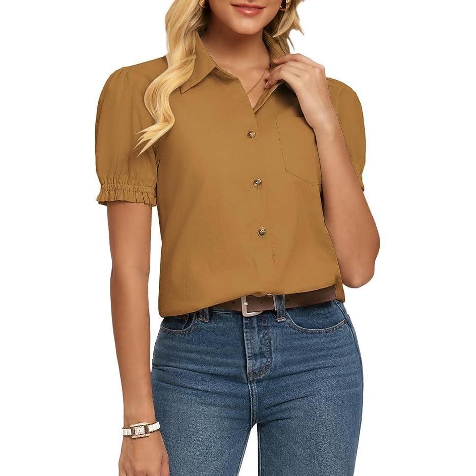 imageGRACE KARIN Womens Cotton Linen Blouse V Neck Puff Short Sleeve Button Down Work Summer TopsGinger