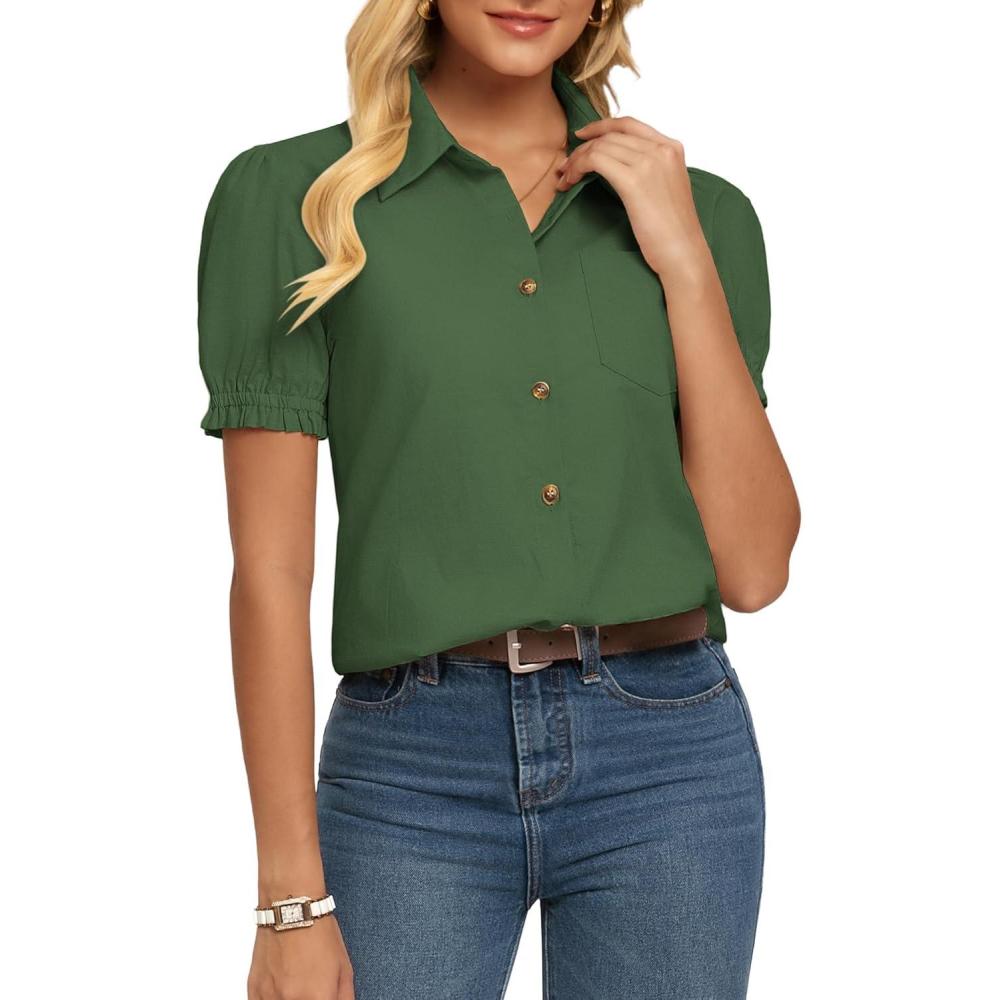 imageGRACE KARIN Womens Cotton Linen Blouse V Neck Puff Short Sleeve Button Down Work Summer TopsOlive Drab