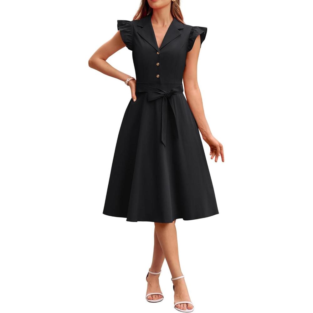 imageGRACE KARIN Womens Summer Midi Dress 2026 Flutter Short Sleeve Business Casual Dress Button Down Work Dresses with PocketsBlack
