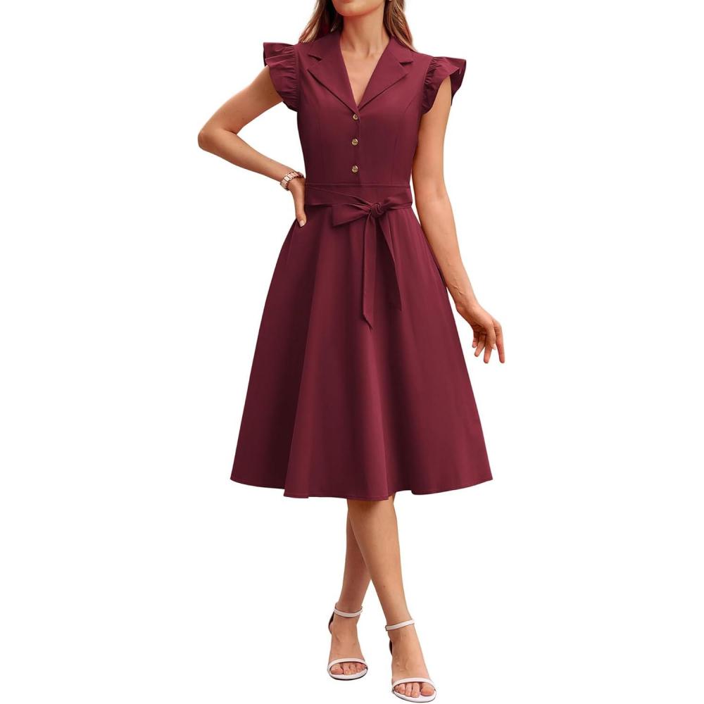 imageGRACE KARIN Womens Summer Midi Dress 2026 Flutter Short Sleeve Business Casual Dress Button Down Work Dresses with PocketsWine Red