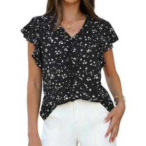 GRACE KARIN 2026 Boho Tops for Women Dressy Casual,Ruffle Sleeve Chiffon Blouses Work Shirts,V Neck Summer Fashion Clothes(Black)