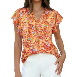 GRACE KARIN 2026 Boho Tops for Women Dressy Casual,Ruffle Sleeve Chiffon Blouses Work Shirts,V Neck Summer Fashion Clothes(Orange)