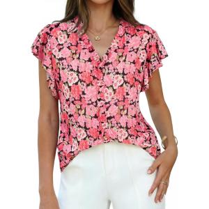 GRACE KARIN 2026 Boho Tops for Women Dressy Casual,Ruffle Sleeve Chiffon Blouses Work Shirts,V Neck Summer Fashion Clothes(Pink Rose)