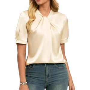 GRACE KARIN 2026 Women Satin Tops Short Sleeve Blouse Mock Neck Work Silk Shirts Business Casual Outfits(Champagne)