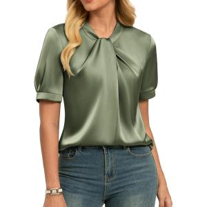 GRACE KARIN 2026 Women Satin Tops Short Sleeve Blouse Mock Neck Work Silk Shirts Business Casual Outfits(Light Green)