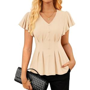GRACE KARIN Summer Blouses for Women Dressy Casual, 2026 Ruffle Sleeve Peplum Tops, Business Work Shirt Fashioin Clothing(Apricot)