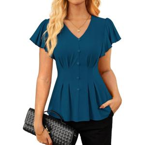 GRACE KARIN Summer Blouses for Women Dressy Casual, 2026 Ruffle Sleeve Peplum Tops, Business Work Shirt Fashioin Clothing(Blue)