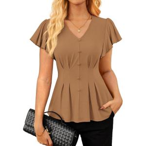 GRACE KARIN Summer Blouses for Women Dressy Casual, 2026 Ruffle Sleeve Peplum Tops, Business Work Shirt Fashioin Clothing(Khaki)