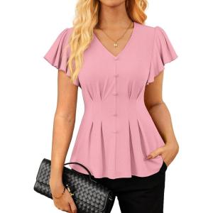 GRACE KARIN Summer Blouses for Women Dressy Casual, 2026 Ruffle Sleeve Peplum Tops, Business Work Shirt Fashioin Clothing(Pink)