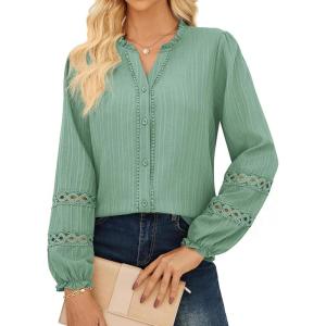 GRACE KARIN Women Dressy Casual Tops,Long Sleeve Button Down Ruffle Blouse,Work V Neck Shirt Summer Spring Business Outfit(Grey Green)