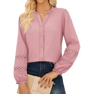 GRACE KARIN Women Dressy Casual Tops,Long Sleeve Button Down Ruffle Blouse,Work V Neck Shirt Summer Spring Business Outfit(Grey Pink)