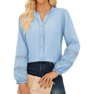 GRACE KARIN Women Dressy Casual Tops,Long Sleeve Button Down Ruffle Blouse,Work V Neck Shirt Summer Spring Business Outfit(Light Blue)
