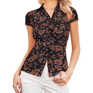 GRACE KARIN Women Mesh Boho Tops Dressy Casual, Short Sleeve Button Down Collared Shirts, 2026 Summer Fashion Floral Blouses(Black Floral)