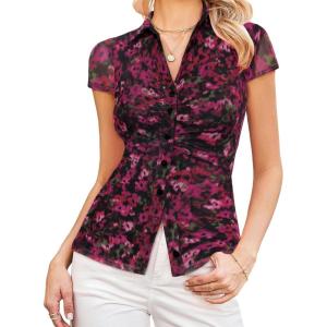 GRACE KARIN Women Mesh Boho Tops Dressy Casual, Short Sleeve Button Down Collared Shirts, 2026 Summer Fashion Floral Blouses(Black Red)