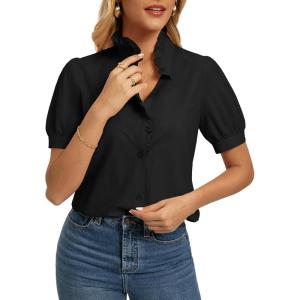 GRACE KARIN Women’s 2026 Summer Short Sleeve Tops, Dressy Casual V Neck Blouses, Trendy Button Down Shirts Work Office(Black)