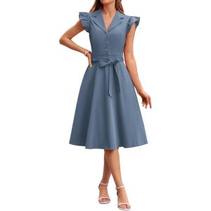 GRACE KARIN Womens Summer Midi Dress 2026 Flutter Short Sleeve Business Casual Dress Button Down Work Dresses with Pockets(Dusty Blue)