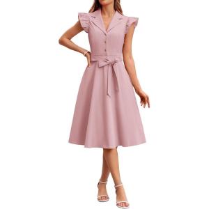 GRACE KARIN Womens Summer Midi Dress 2026 Flutter Short Sleeve Business Casual Dress Button Down Work Dresses with Pockets(Dusty Pink)